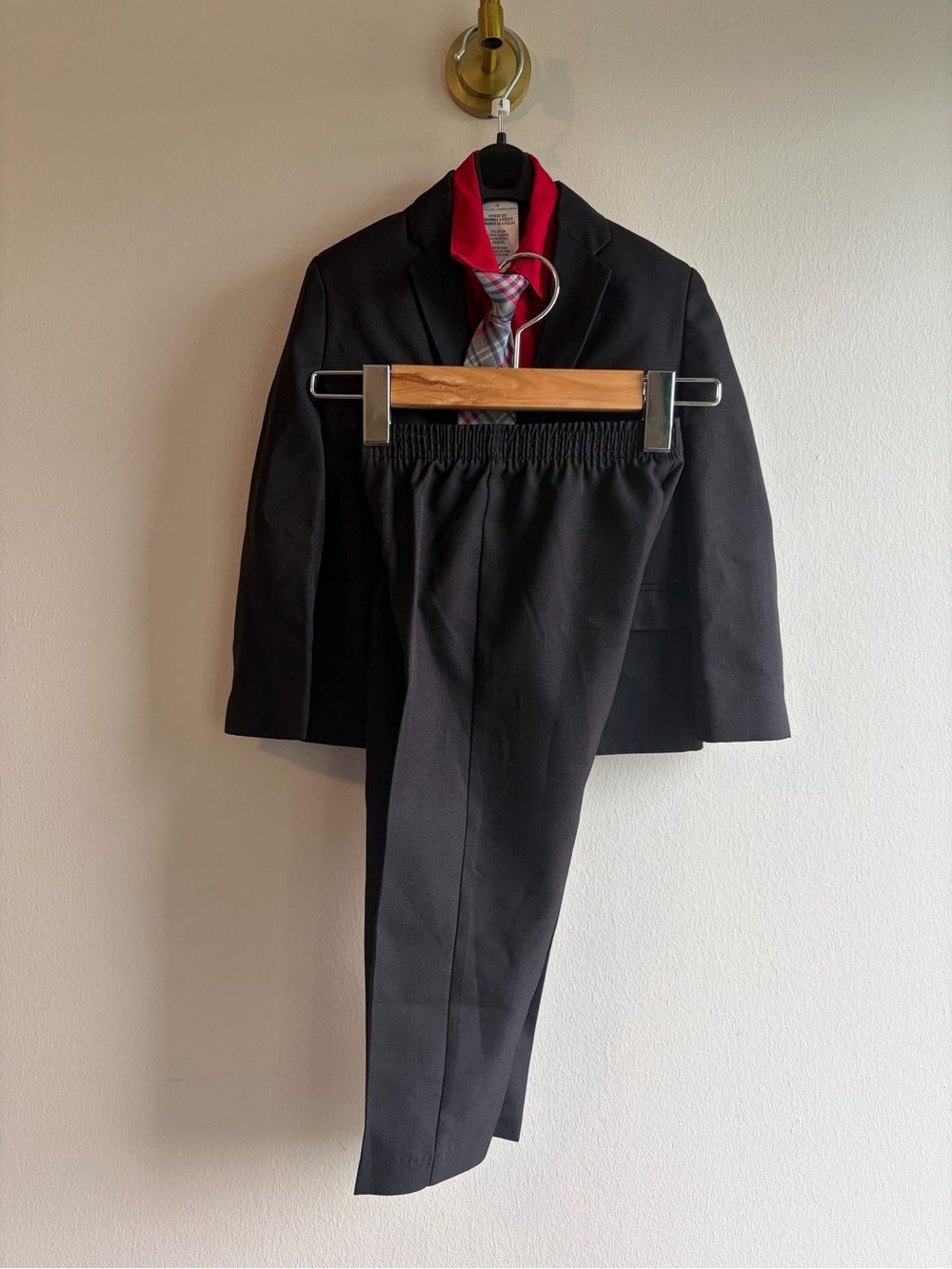 Kids Black Dress Suit Matching Set with Red Shirt and Plaid Tie